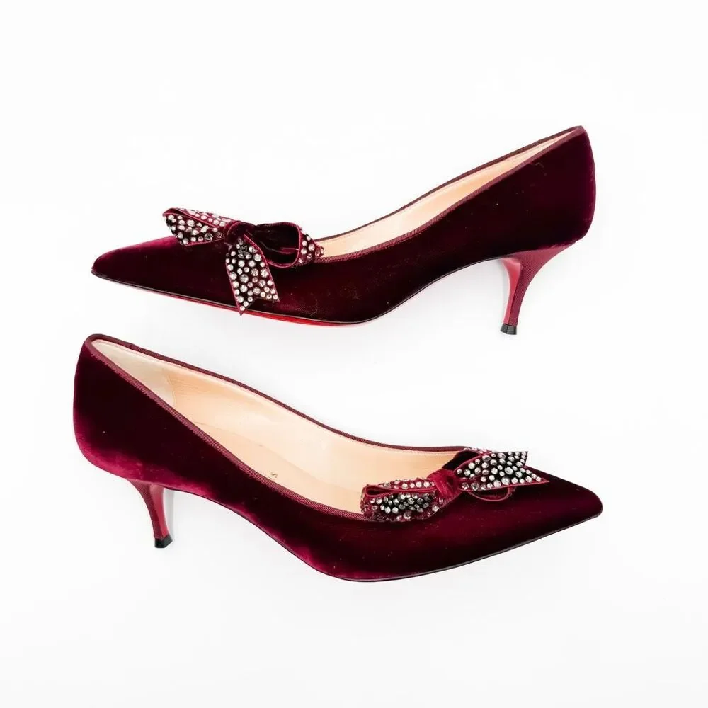Christian Louboutin Velvet Madame Menule Bow Pumps Kitten Heel EU 38.5 US 8.5